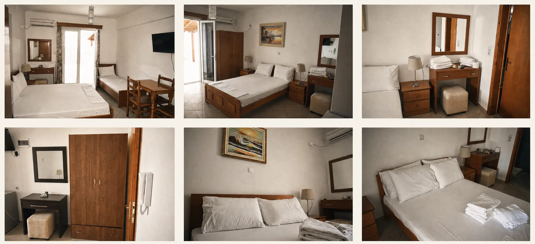 Six genuine photographs showing Ionio guest rooms and furnishings